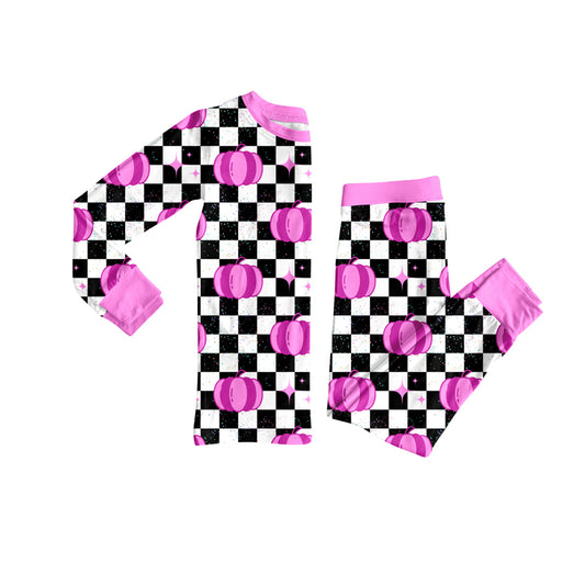 Preorder (moq 5)Baby Girls Black Plaid Long Sleeves Pumpkins Top Pants Pajamas Sets