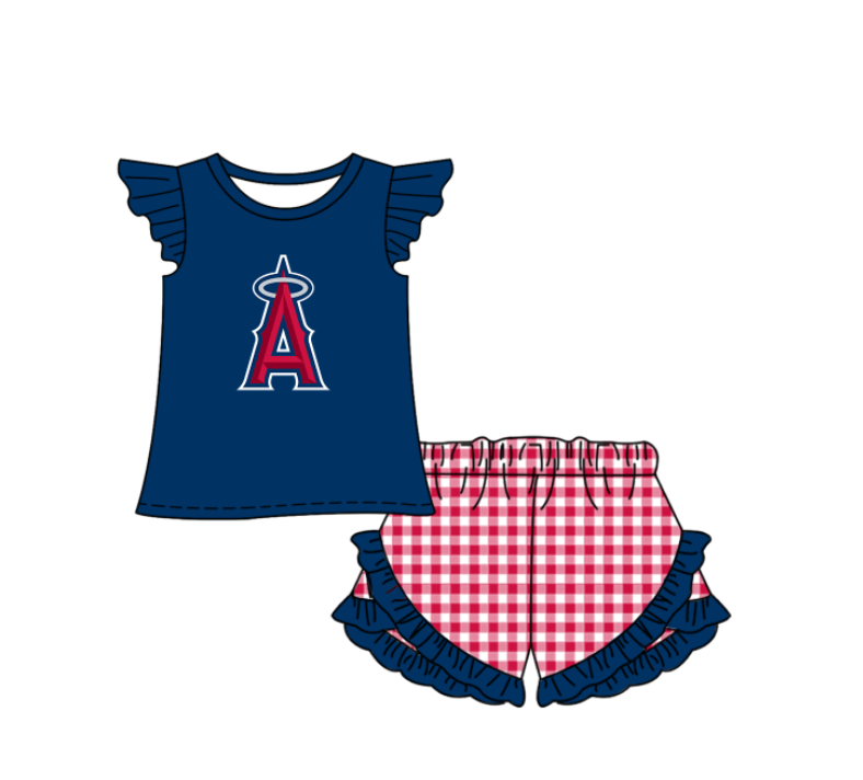 Preorder (moq 5)Baby Girls Los Angeles Angels Top Checked Ruffle Short Team Clothes Set