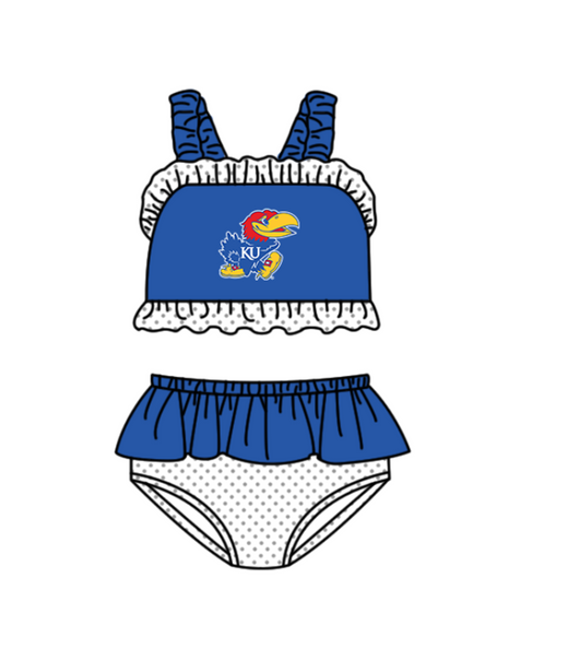 Preorder moq 5 Baby Girls Strap Blue KU Vest Top Bummies Short Team Swimsuits