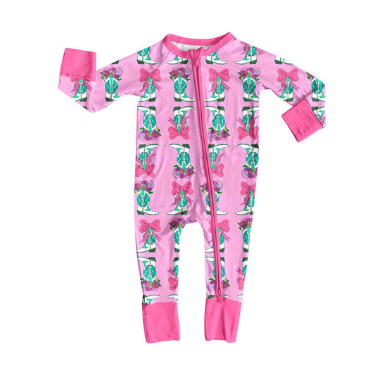 Preorder(moq 8)Baby Girls Bows Flowers Boots Stripe Zipper Footie Rompers