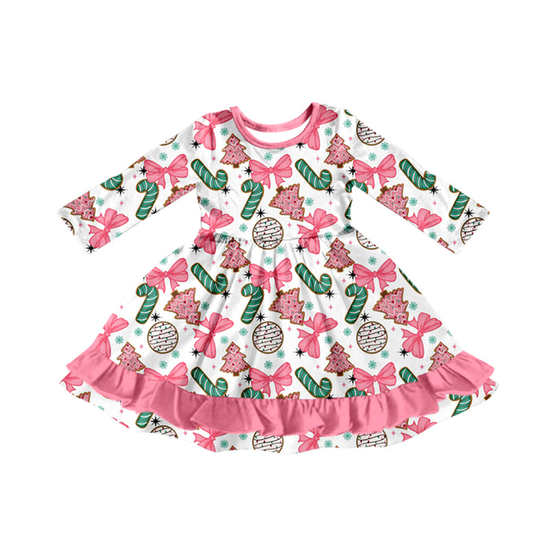 Preorder (moq 5)Baby Girls Long Sleeves Bows Candy Cane Ruffle Knee Length Dresses