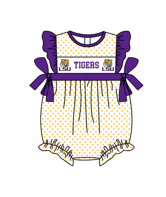 Preorder (moq 5)Baby Girls Flutter Sleeve LSU Tigers Polka Dots Team Ruffle Rompers