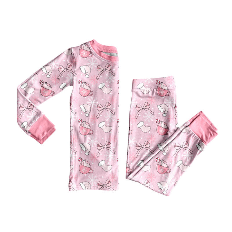 Preorder (moq 20)Baby Girls Bamboo Pink Snowflake Bows Christmas Pajamas Sets