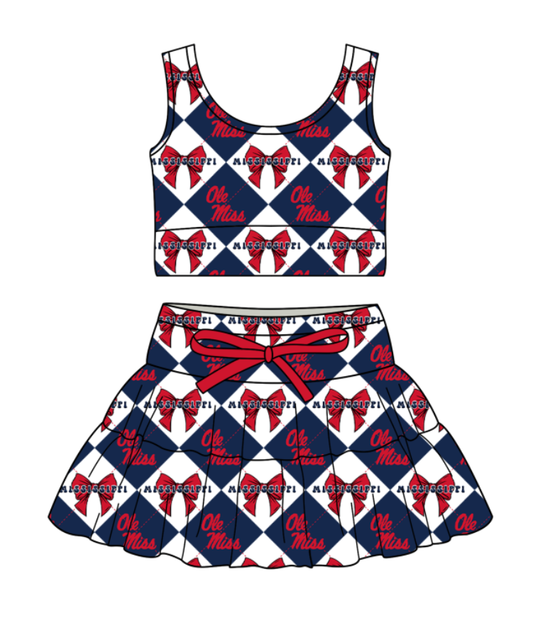 Preorder moq 5 Baby Girls Sleeveless Ole Miss Bows Top Skirt Shorts Team Clothes Set