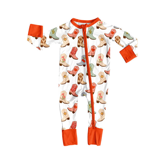 Preorder (moq 5)Baby Girls Hearts Camo Boots Western Zipper Footie Rompers