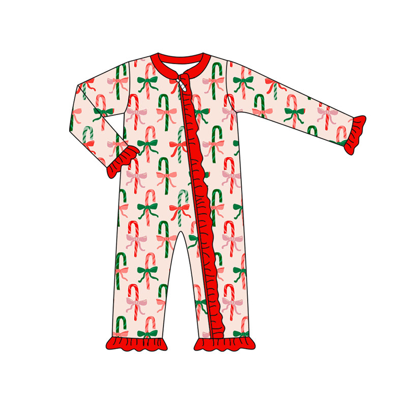 Preorder (moq 5)Baby Girls Long Sleeves Red Green Bows Candy Cane Ruffle Zipper Pant Romper
