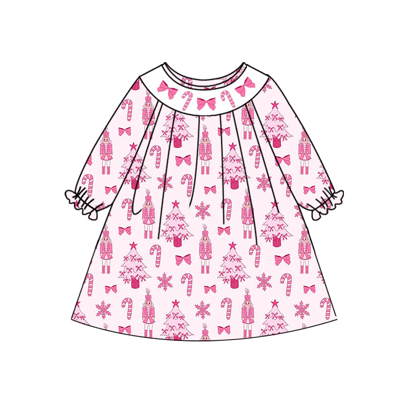 Preorder (moq 5)Baby Girls Long Sleeves Pink Bows Candy Cane Soldiers Knee Length Dresses