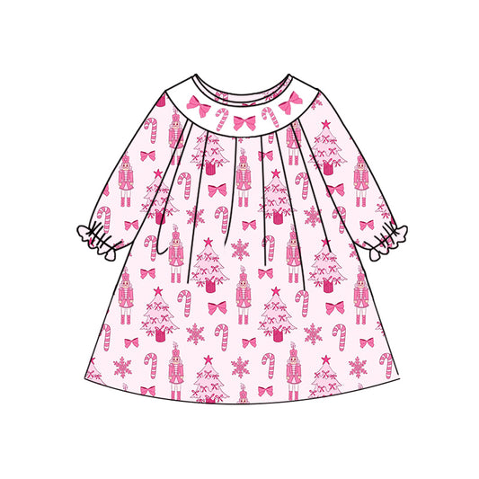 Preorder (moq 5)Baby Girls Long Sleeves Pink Bows Candy Cane Soldiers Knee Length Dresses
