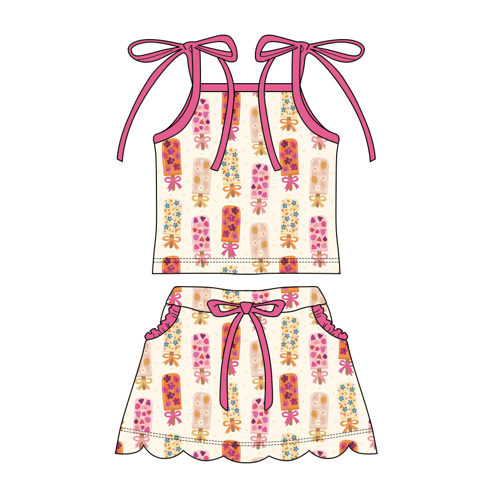 Preorder moq 5 Baby Girls Strap Floral Popsicle Top Pockets Scallop Skirt Short Clothes Sets