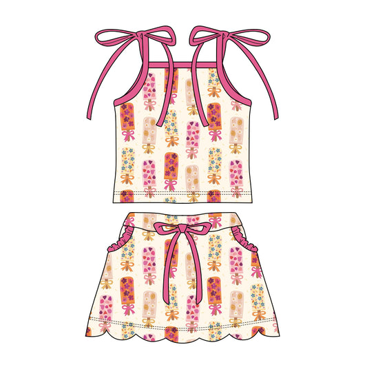 Preorder moq 5 Baby Girls Strap Floral Popsicle Top Pockets Scallop Skirt Short Clothes Sets