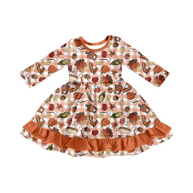 Preorder (moq 5)Baby Girls Long Sleeves Pumpkins Leaves Plaid Ruffle Knee Length Dresses