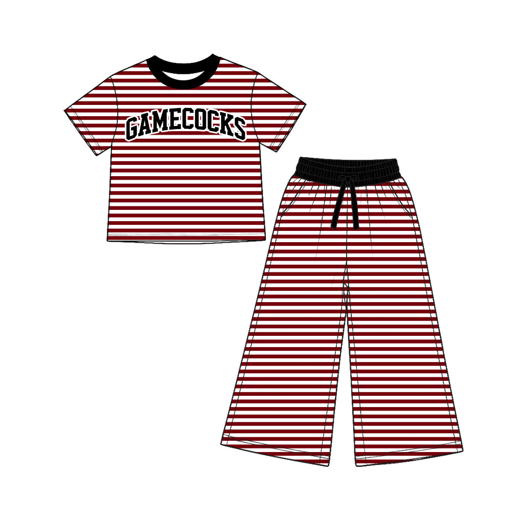 Preorder (moq5) Girls’ Black & Red Team Round-Neck Short-Sleeve Striped Letter-Print Top & Elastic-Waist Wide-Leg Pants Set
