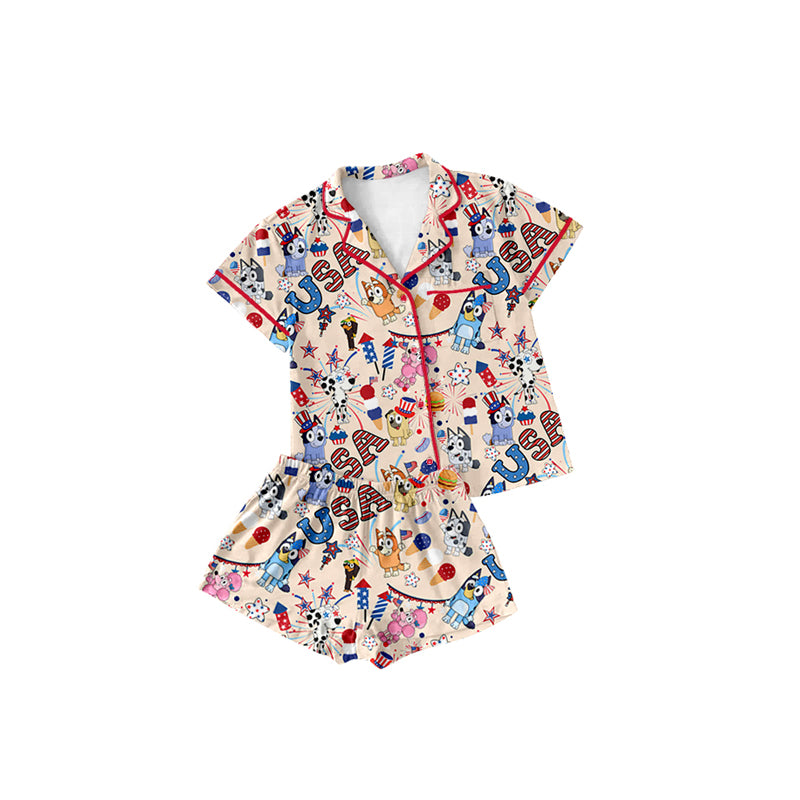 Preorder (moq 5)Baby Girls Pink Short Sleeves Cartoon Dogs Firework Button Pocket Top Short 4th Of July Pajamas Set
