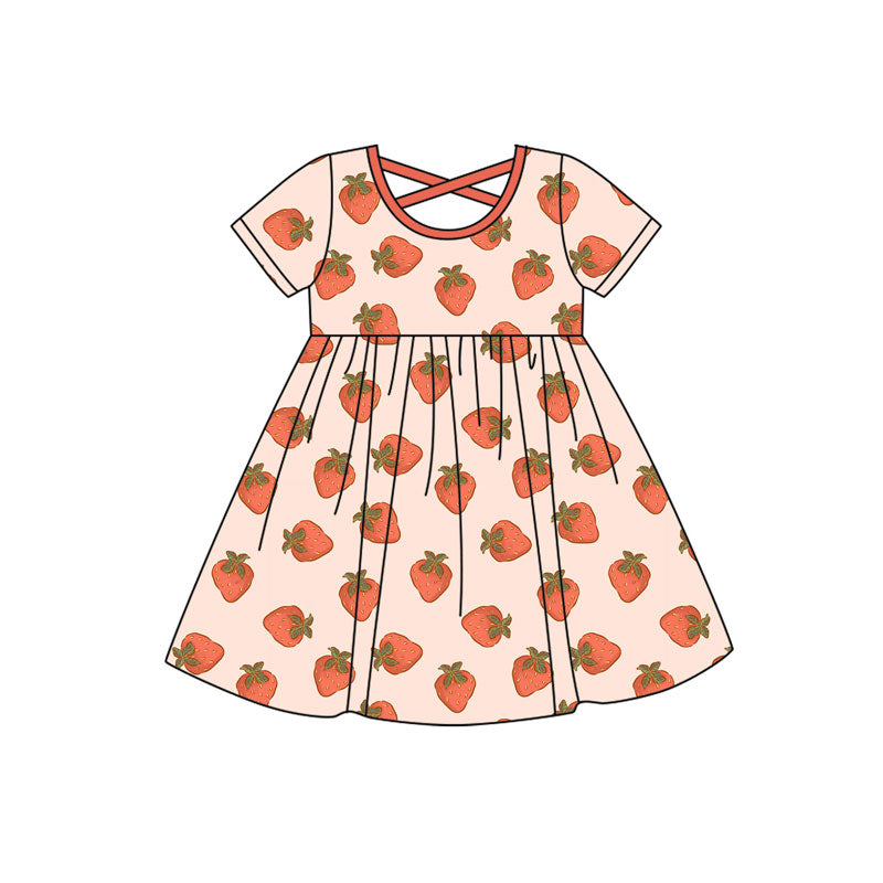 Preorder(moq 5) Baby Girls Happy Berry Strawberry Plaid Knee Length Dresses