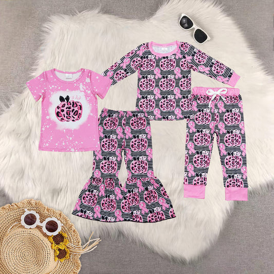 Sibling Baby Girls Pink Leopard Pumpkin Shirt Bell Bottom Pants Pajamas Clothes Sets