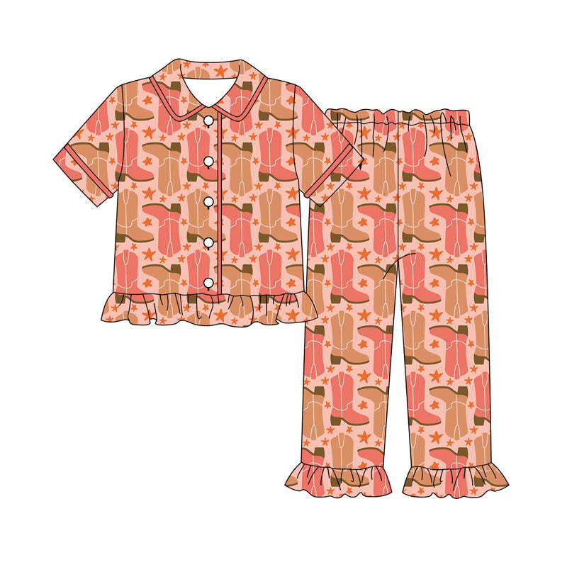 Preorder(moq 8)Baby Girls Orange Boots Stars Button Top Ruffle Pants Pajamas Sets