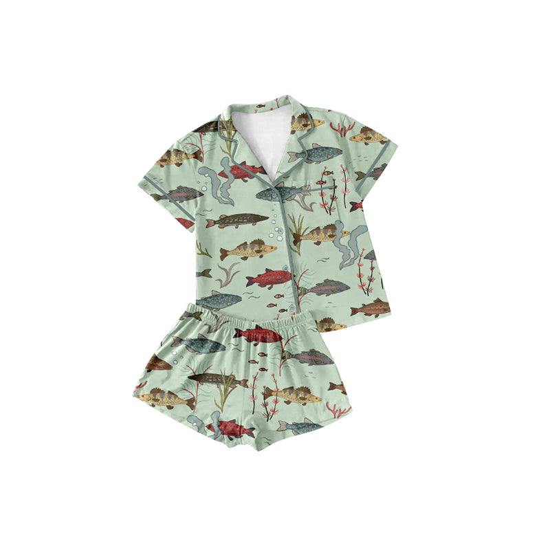 Preorder (moq 5)Baby Girls Green Fishes Buttons Pocket Top Shorts Pajamas Sets
