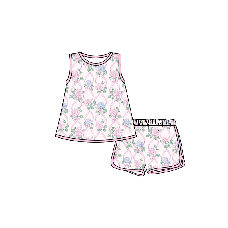 Preorder (moq 5)Baby Girls Sleeveless Pink Bows Flowers Top Shorts Clothes Sets