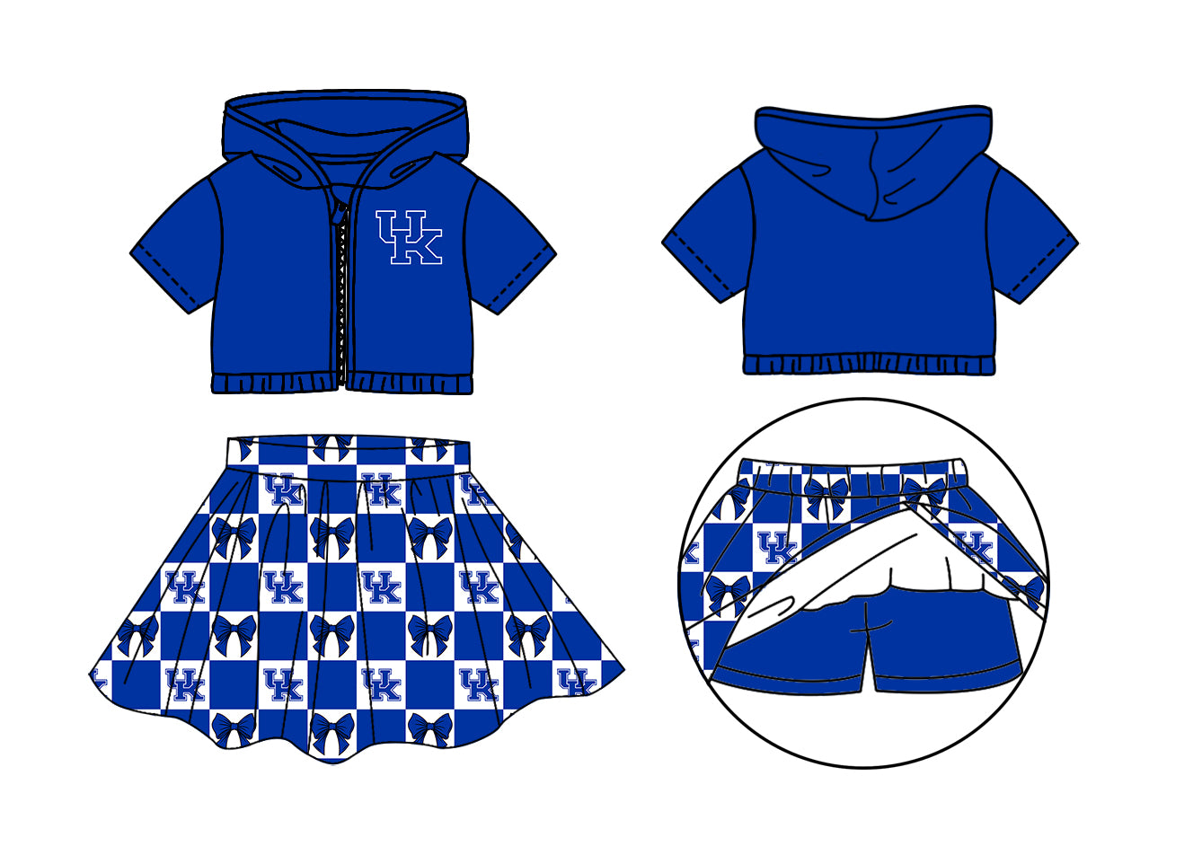 Preorder (moq 5)Baby Girls Blue UK Bows Zip Hoodie Jackets Skirt Short Team Clothes Sets