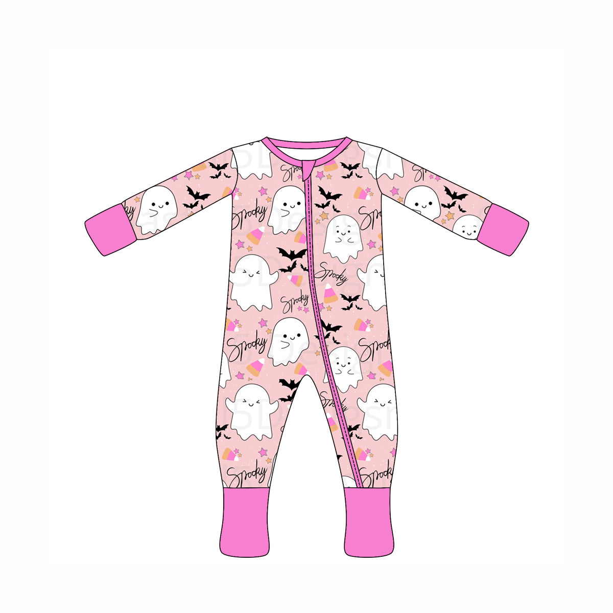 Preorder moq 10 Baby Kids Pink Long Sleeves Ghosts Bats Zipper Pant Rompers