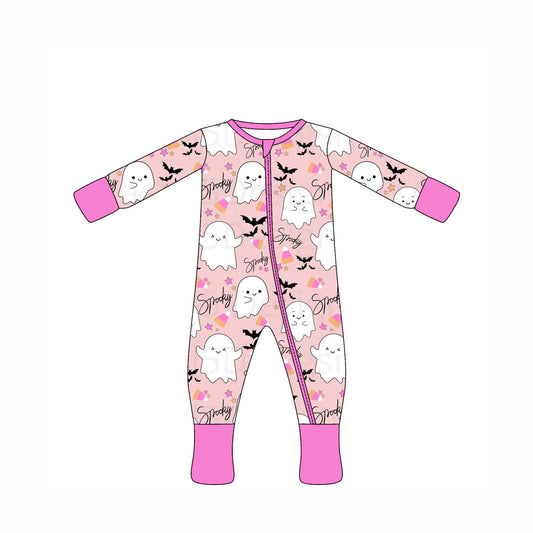 Preorder moq 10 Baby Kids Pink Long Sleeves Ghosts Bats Zipper Pant Rompers