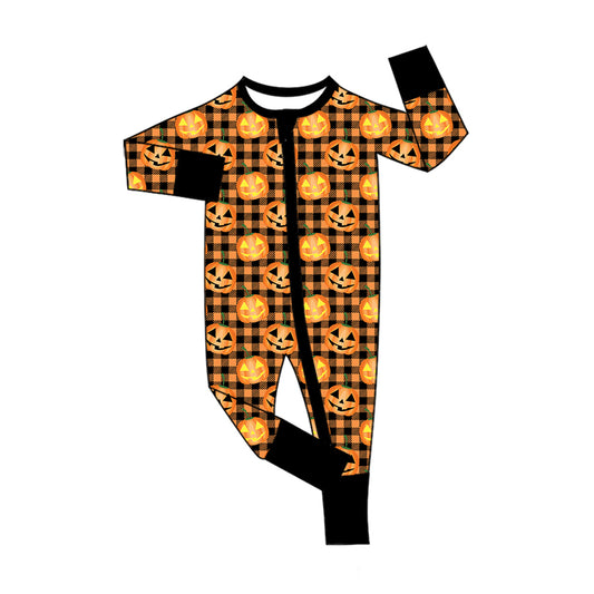 Preorder (moq 5)Baby Boys Ghost Pumpkins Checked Halloween Two Way Zip Convertible Rompers