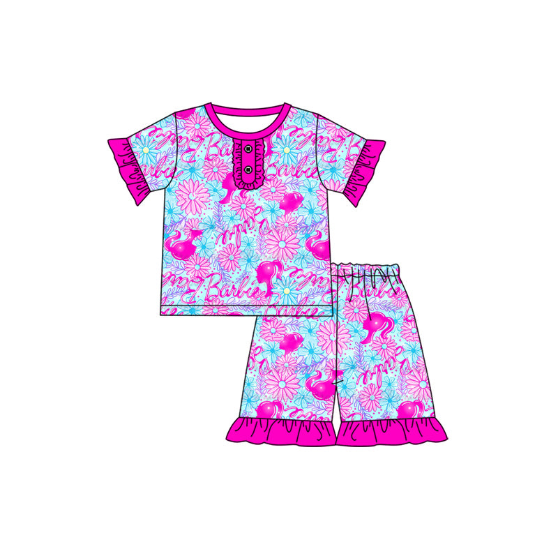 Preorder (moq 5)Baby Girls Pink Doll Bows Flowers Shirt Ruffle Shorts Pajamas
