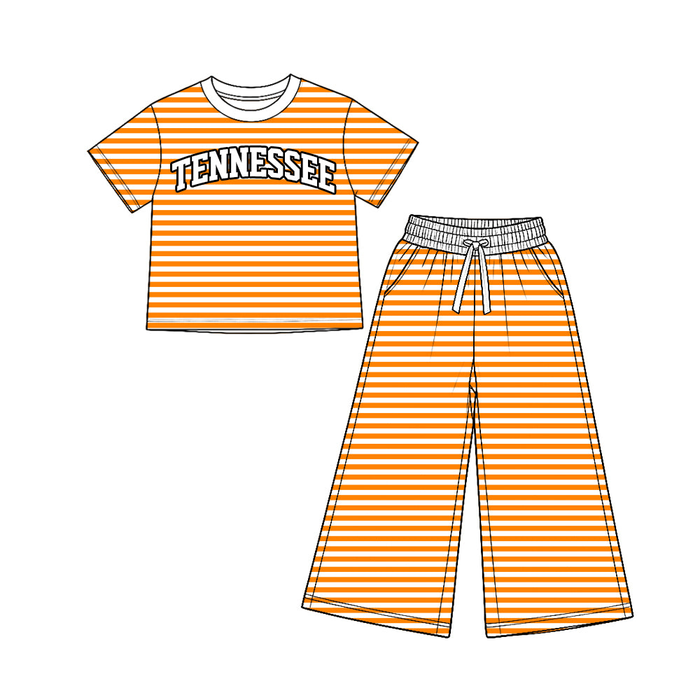 Preorder (moq5) Girls’ Orange Team Round-Neck Short-Sleeve Striped Letter-Print Top & Elastic-Waist Wide-Leg Pants Set