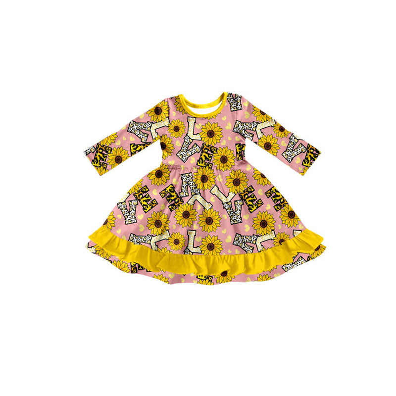 Preorder(moq 5) Baby Girls Love Sunflowers Valentine Ruffle Knee Length Dresses