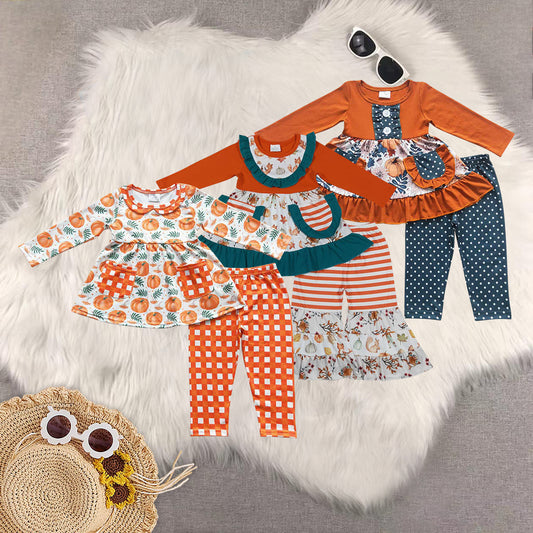 Sibling Baby Girls Fall Long Sleeves Pumpkins Pocket Tunic Bell Bottom Pants Clothes Sets