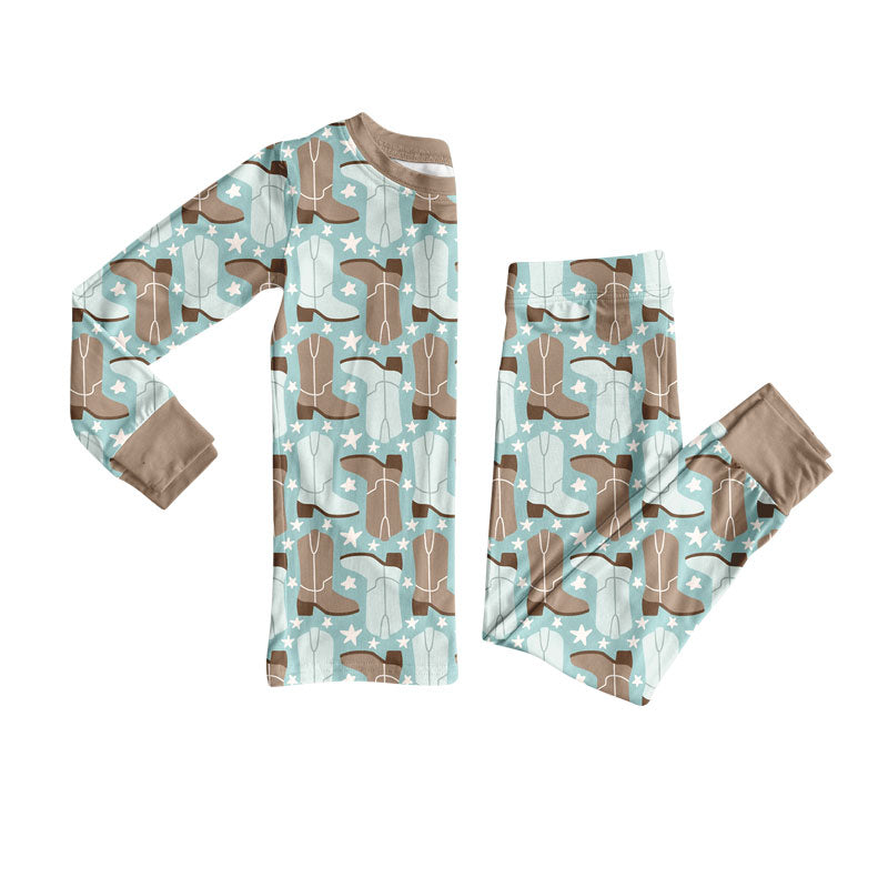 Preorder(moq 8)Baby Boys Green Boots Stars Top Pants Pajamas Sets