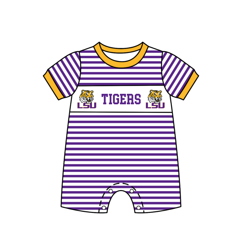 Preorder (moq 5)Baby Boys Short Sleeve LSU Tigers Purple Stripe Team Rompers
