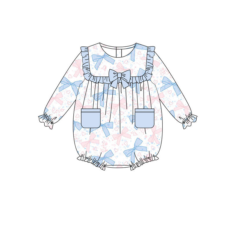 Preorder(moq 8)Baby Girls Blue Hearts Bows Valentine Pockets Ruffle Rompers
