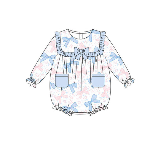 Preorder(moq 8)Baby Girls Blue Hearts Bows Valentine Pockets Ruffle Rompers