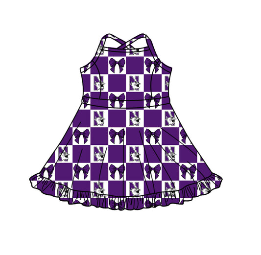 Preorder (moq 5) Baby Girls Strap Bows Northwestern Checked Team Short Knee Length Dress