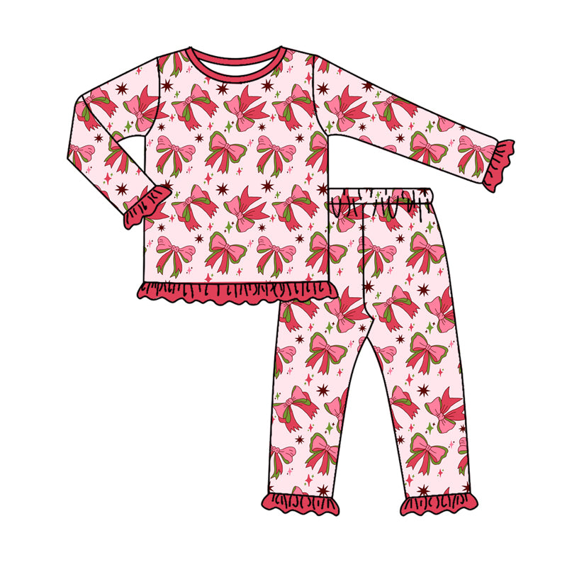 Preorder (moq 5)Baby Girls Long Sleeves Red Bows Stars Plaid Top Pant Pajamas Clothes Set