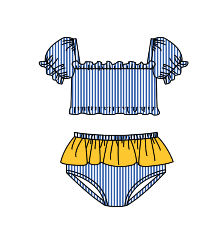 Preorder moq 5 Baby Girls Blue Stripe Vest Top Bummies Short Team Swimsuits