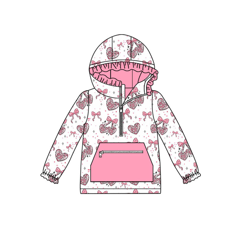 Preorder (moq 5)Baby Girls Pink Bows Hearts Pocket Zipper Valentine Ruffle Hoodies Top