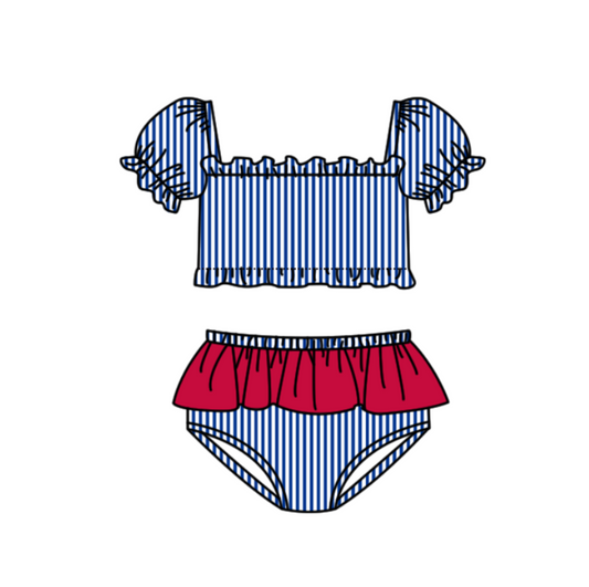 Preorder moq 5 Baby Girls Blue Stripe Vest Top Bummies Short Team Swimsuits