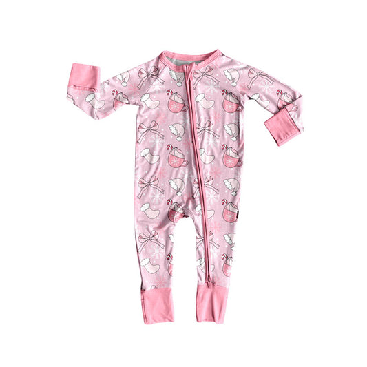 Preorder (moq 20)Baby Boys Bamboo Christmas Pink Bows Snowflake Zippy Footie Rompers