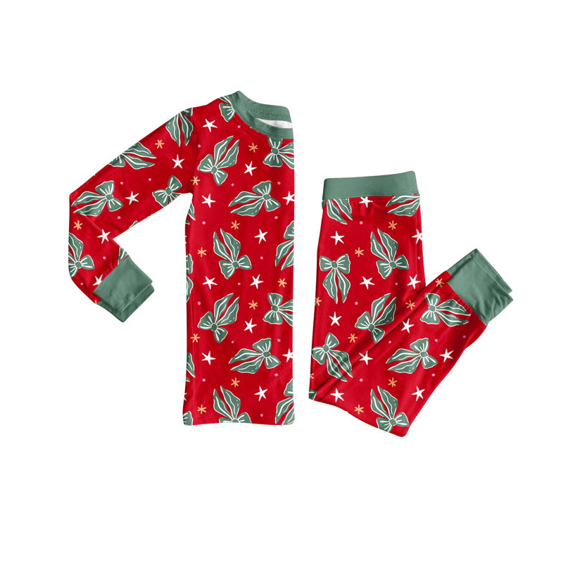 Preorder (moq 5)Baby Girls Green Bows Plaid Top Pant Christmas Pajamas Set