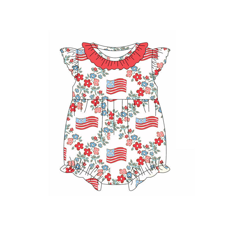Preorder moq 5 Baby Girls Flutter Sleeves Flags Floral 4th Of July Ruffle Rompers