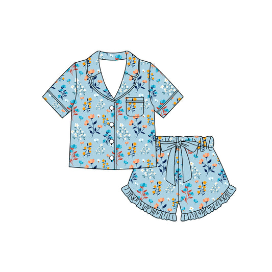 Preorder moq 5 Baby Girls Colorful Flowers Button Pocket Top Ruffle Shorts Pajamas Sets