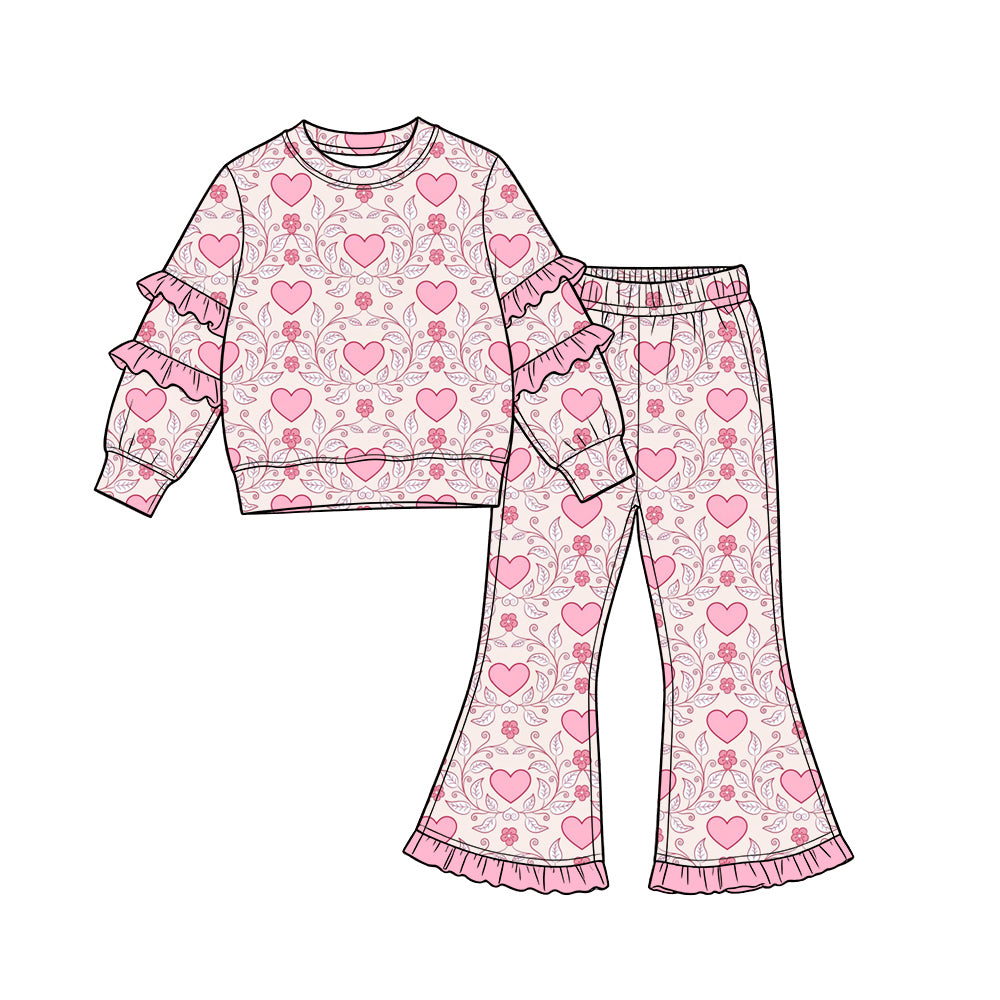 Preorder (moq 5) Baby Girl Clothes Vintage Pink Heart Vine Allover Print Long Sleeve Tiered Ruffle Top Ruffle Flare Pant Set