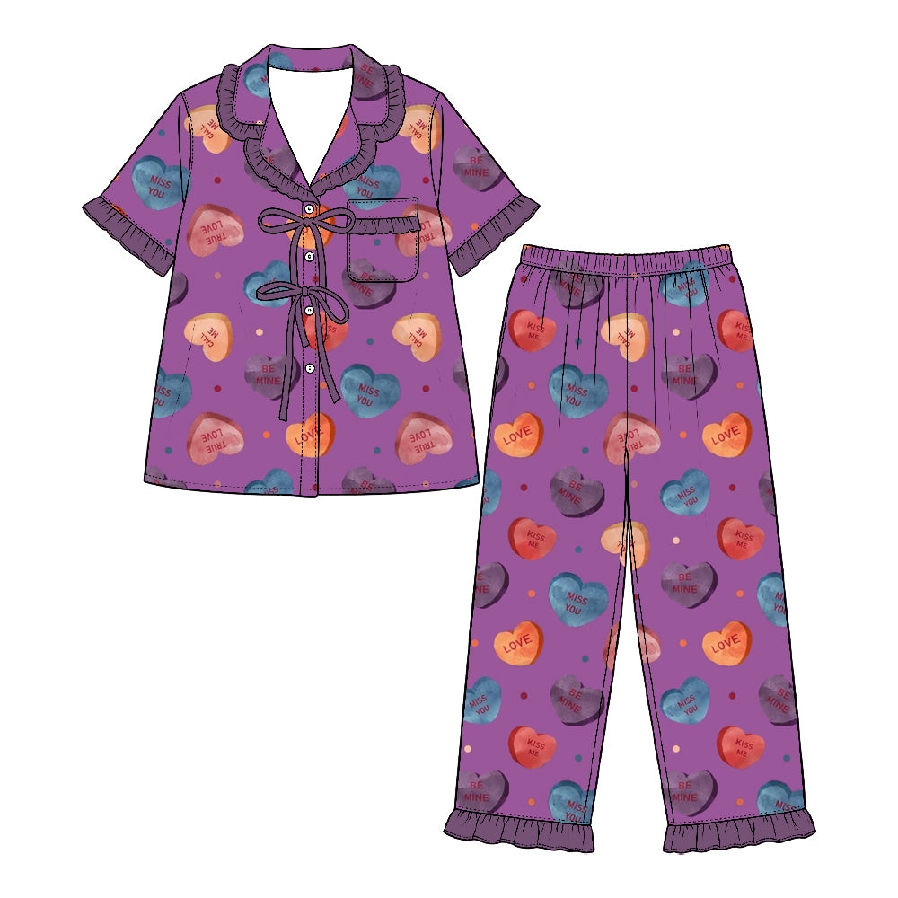 Preorder (moq 5) Baby Girl Clothes Valentines Watercolor Conversation Heart Mixed Print Short Sleeve Ruffle Pajama Set