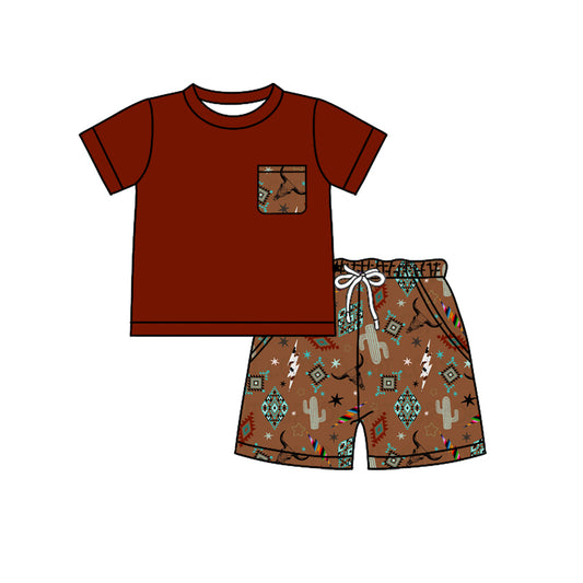 Preorder (moq 5)Baby Boys Dark Red Short Sleeves Pocket Top Cactus Bull Skull Aztec Shorts Set