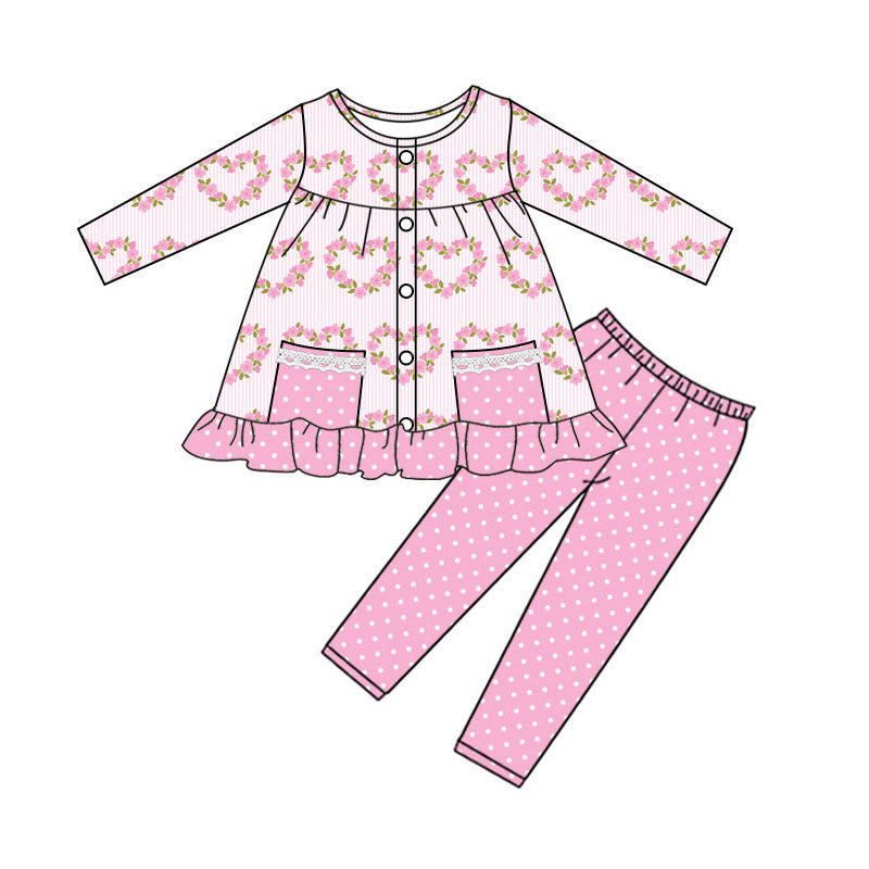 Preorder (moq 5)Baby Girls Flower Hearts Button Pockets Tunic Leggings Pant Valentine Clothes Sets