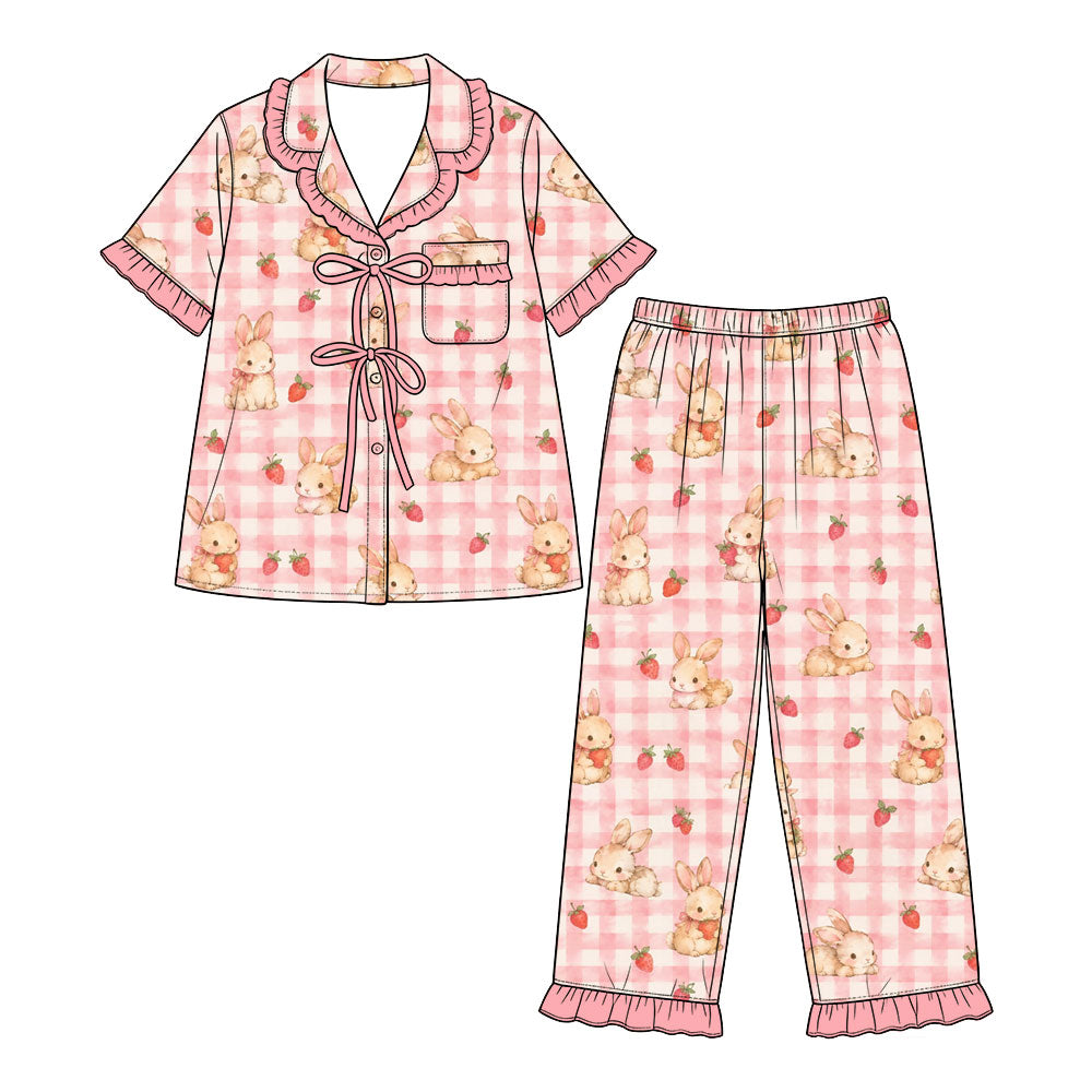 Preorder (moq 5) Baby Girl Clothes Easter Strawberry Bunny Pink Plaid Mixed Print Short Sleeve Ruffle Pajama Set