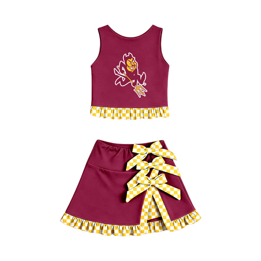 Preorder(moq 5)Baby Girls Sun Devils Vest Top Bows Skirt Short Team Clothes Sets