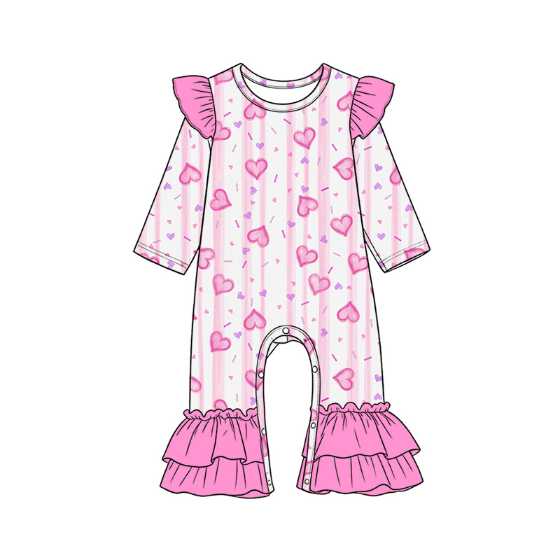 Preorder (moq 5) Baby Girls Pink Stripe Hearts Valentines Ruffle Pant Rompers